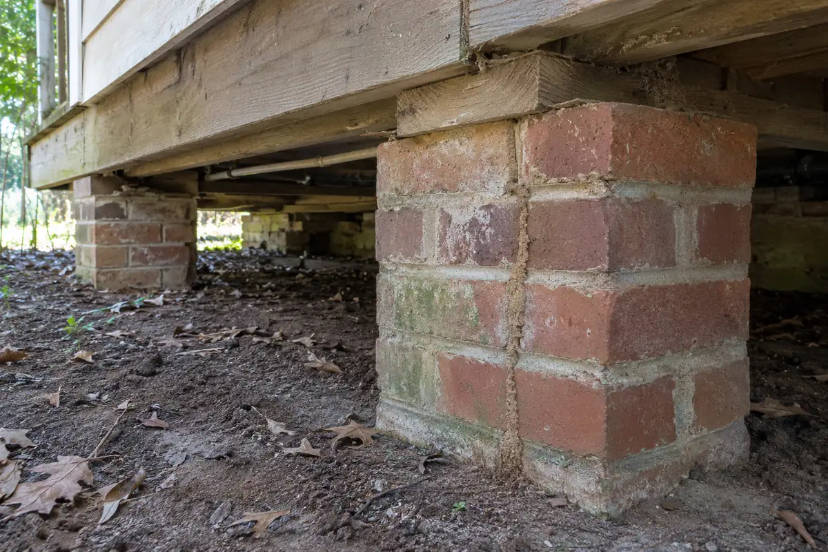 Brick pier under a wood-framed porch above bare soil, black mold removal in Oklahoma City, OK