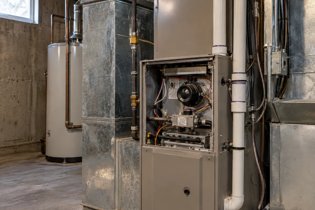 Furnace and water heater in a basement utility room, crawl space mold in Oklahoma City, OK