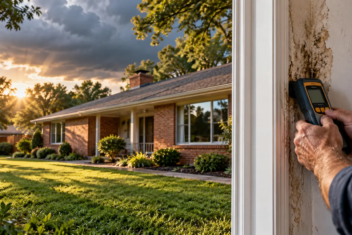 Storm clouds above a home and an interior moisture check, mold in hvac ducts in Oklahoma City, OK