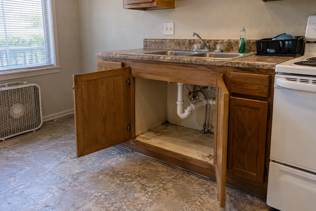 Open kitchen sink cabinet with exposed drain pipes beside a stove, mold after a water leak in Oklahoma City, OK