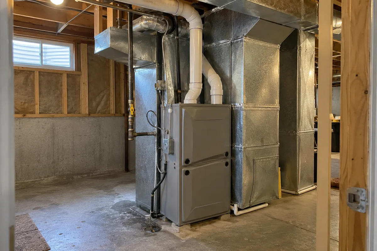 Basement furnace room with framed walls, mold inspection and testing in Oklahoma City, OK