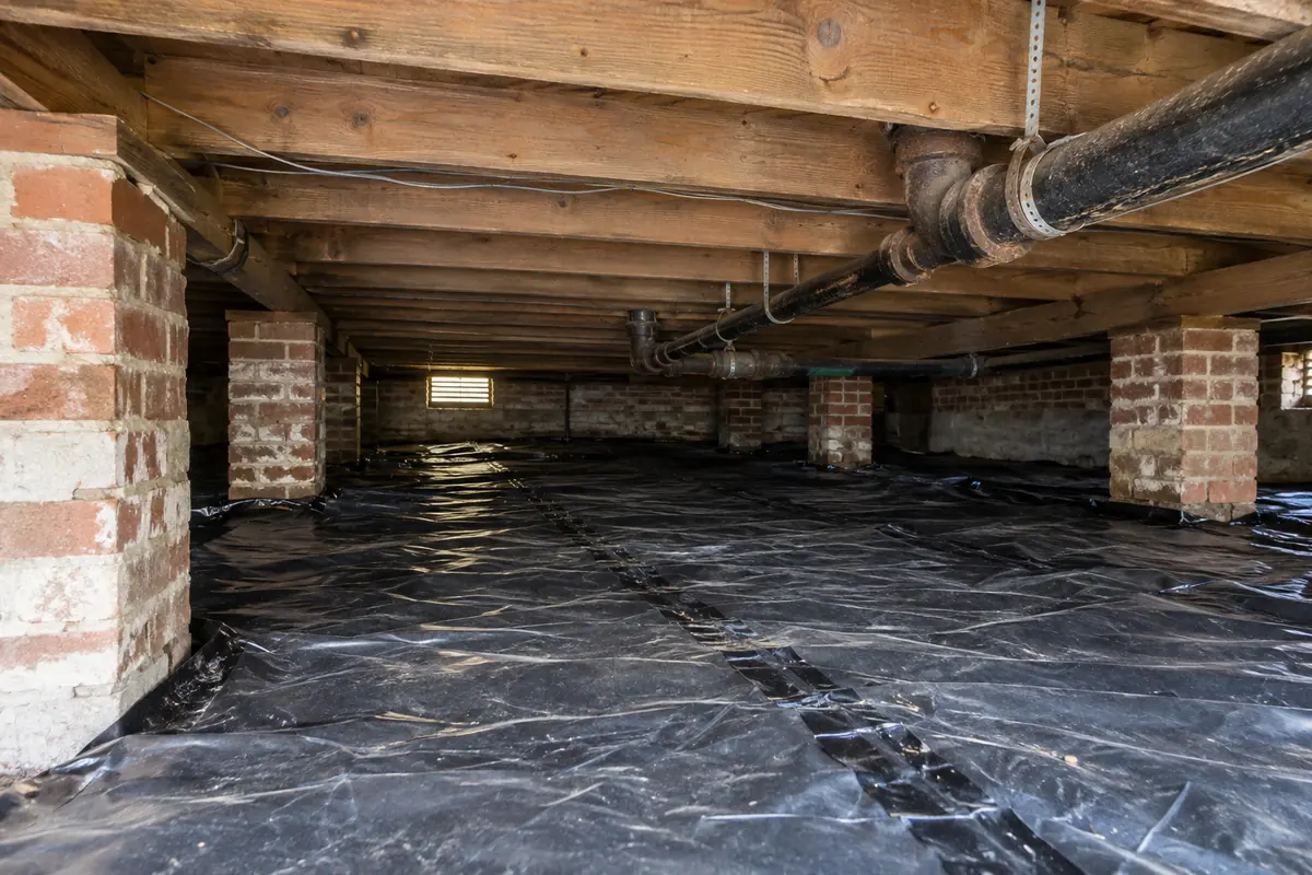 Clean crawl space with brick piers and a black vapor barrier, mold remediation process in Oklahoma City, OK