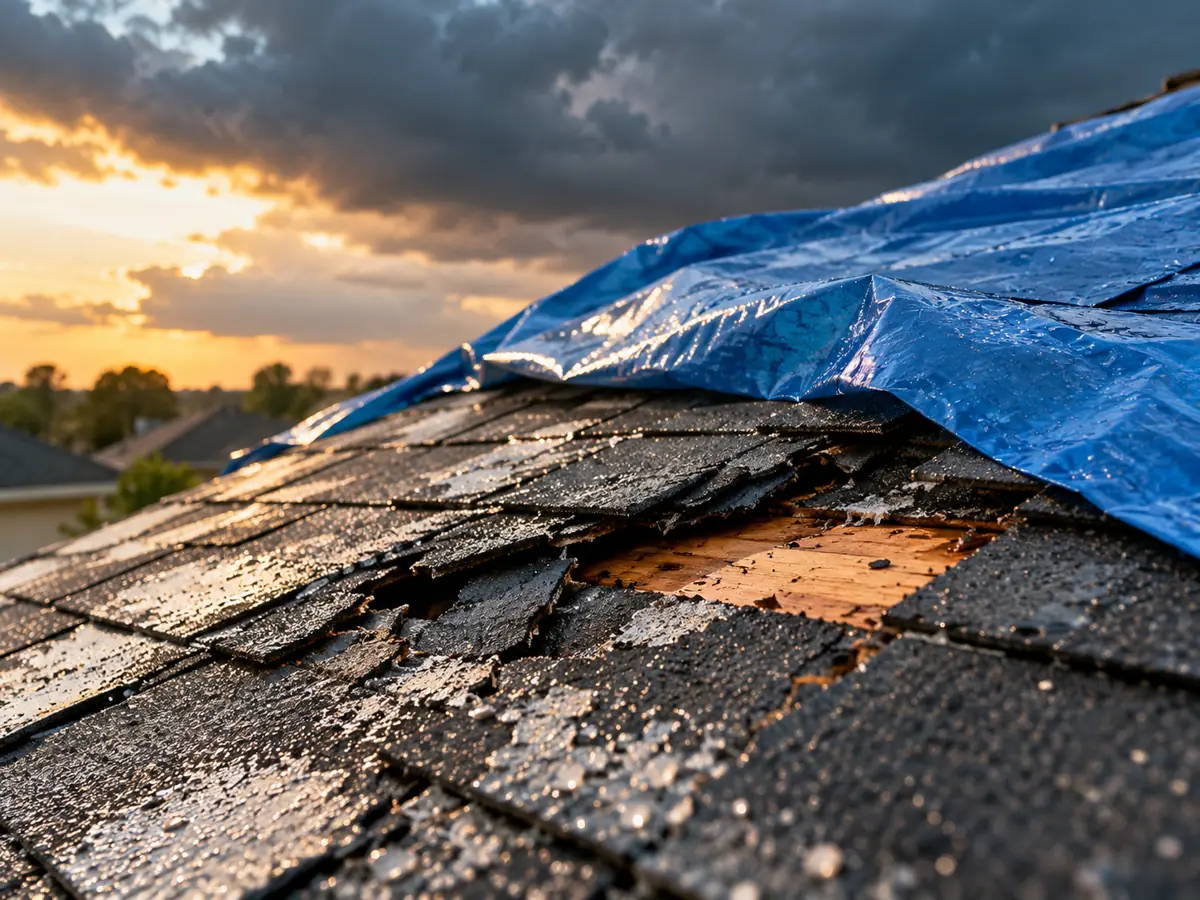 Roof covering protected by a blue tarp